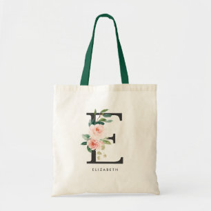 Pfingstrosen-Blumen-Initiale E Schwarzes Monogramm Tragetasche