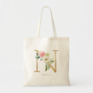 Pfingstrosen-Blumen-Letter-N-Gold-Monogramm-Brautj Tragetasche