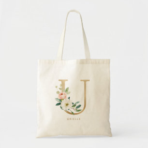 Pfingstrosen-Blumen-Letter-U-Gold-Monogramm-Brautj Tragetasche