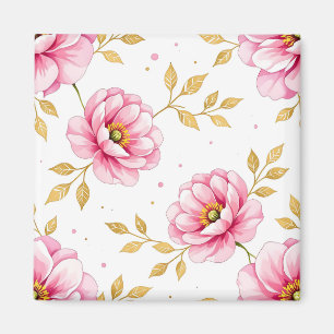 Pfingstrosen-Blumen mit goldenem Blätter-Muster Magnet