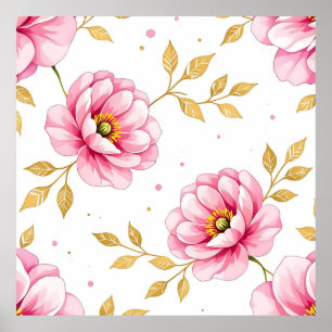 Pfingstrosen-Blumen mit goldenem Blätter-Muster Poster