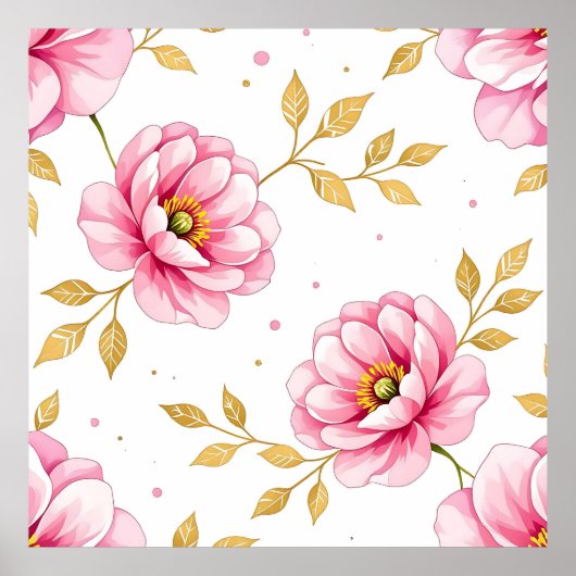 Pfingstrosen-Blumen mit goldenem Blätter-Muster Poster (Vorne)