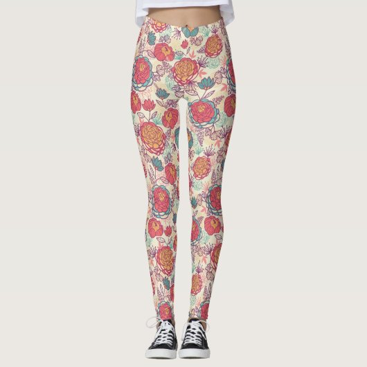 Pfingstrosen-Blumen- und -Blättermuster Leggings (Vorderseite)