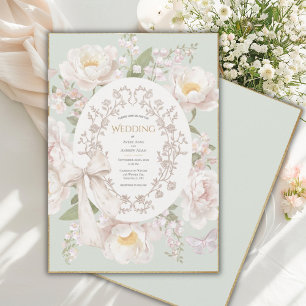 Pfingstrosen-Blumen-Vintage-elegante grüne Hochzei Einladung