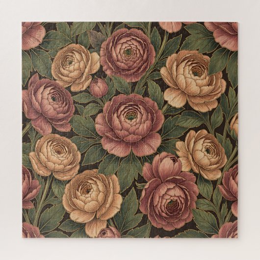 Pfingstrosen-Blumenmuster dunkler Hintergrund Gold Puzzle (Vertikal)