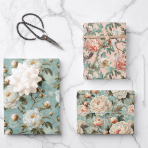 Pfingstrosen-Blüten Vintage Geschenkpapier Set