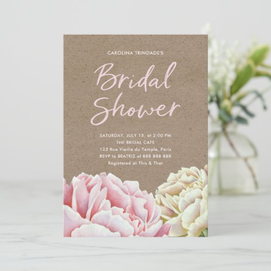 Pfingstrosen-Brautparty erröten rosa Einladung (Stehend Vorderseite)