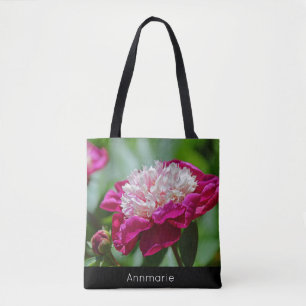Pfingstrosen-Garten-Blume mit Text Tasche