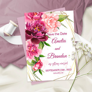 Pfingstrosen-Hochzeitskarte zur Vorabanzeige Save The Date
