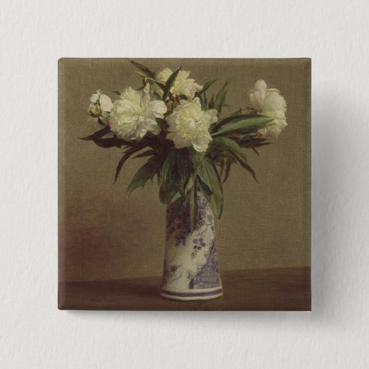 Pfingstrosen in einem blauen und weißen Vase Button (Vorderseite)