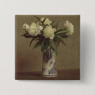 Pfingstrosen in einem blauen und weißen Vase Button