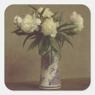 Pfingstrosen in einem blauen und weißen Vase Quadratischer Aufkleber