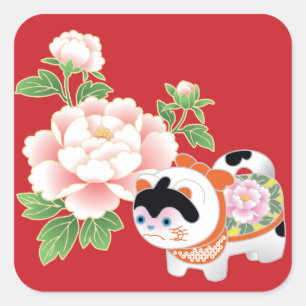 Pfingstrosen & Löwenhunde Japanisches Kimono-Muste Quadratischer Aufkleber