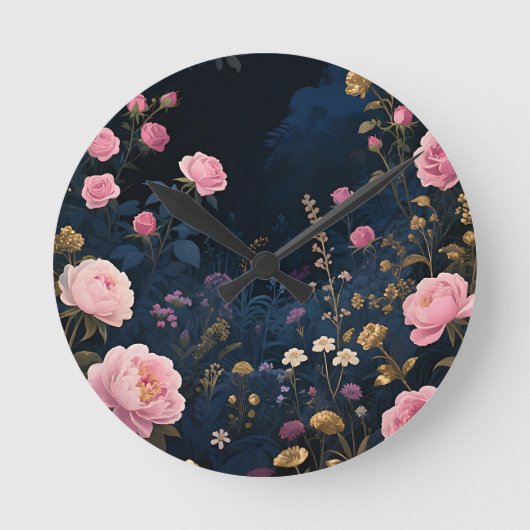Pfingstrosen-Mitternachtsgarten-Blüte Runde Wanduhr (Vorderseite)