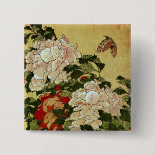 Pfingstrosen & Schmetterlinge Hokusai japanische K Button