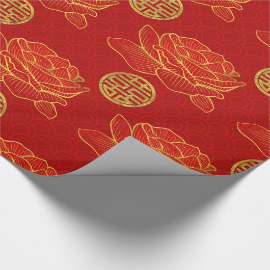 Pfingstrosen und Golddoppeltes Glück-Symbol-Muster Geschenkpapier (Ecke)