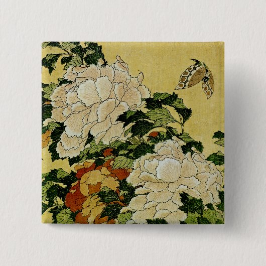 Pfingstrosen und Schmetterling Button (Vorderseite)