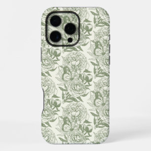Pfingstrosen und Schmetterlinge Blockdruck, salbei iPhone 16 Pro Max Hülle
