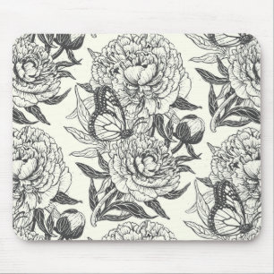 Pfingstrosen und Schmetterlinge Blockdruck, schwar Mousepad
