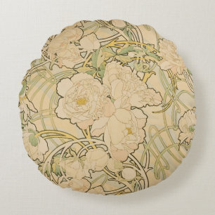 Pfingstrosen von Alphonse Mucha, Vintage Art Nouve Rundes Kissen