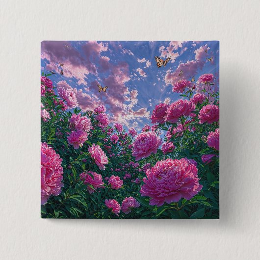 Pfingstrosengarten-Kunst mit Schmetterlingen Button (Vorderseite)
