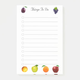 Pfirsich, Apfel und Trauben Obst Dinge zu tun Post-it Klebezettel