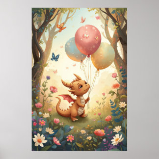 Pfirsich-Aquarell-Baby-Drache-Ballon-Kinderzimmer Poster