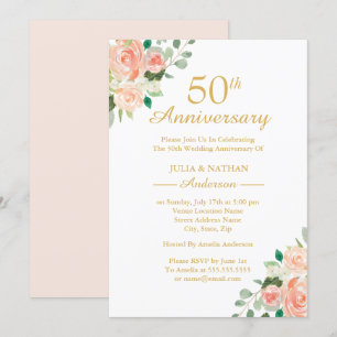 Pfirsich-Aquarell-Blumen 50. Hochzeitstag Jubiläum Einladung