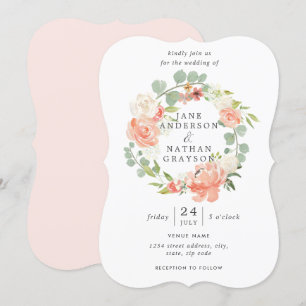 Pfirsich-Aquarell-Blumenkranz-Hochzeitseinladung Einladung
