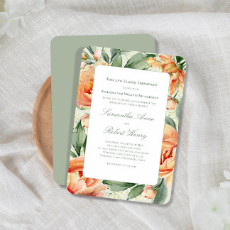Pfirsich Aquarell Grün Elegante Hochzeit Einladung