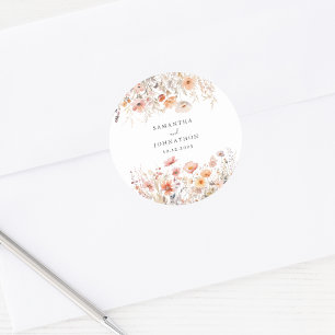 Pfirsich-Aquarell-Hochzeit mit Wildblumen Runder Aufkleber