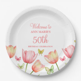 Pfirsich-Aquarell-Tulpen Blumen Pappteller