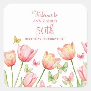 Pfirsich-Aquarell-Tulpen Blumen  Quadratischer Aufkleber