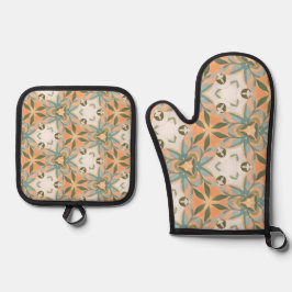 Pfirsich Blau Botanisches Nahtloses Muster Ofenhandschuh & Topflappen-Set