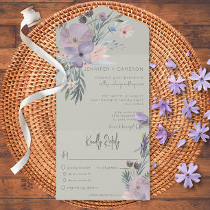Pfirsich Blau & Lavendel Boho Floral Grün Abendess All In One Einladung