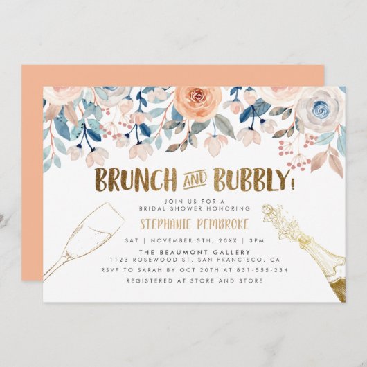 Pfirsich & Blumen Golden Bridal Brunch & Bubble Einladung (Vorne/Hinten)