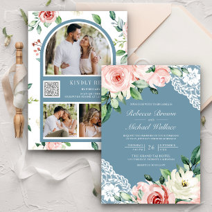 Pfirsich-Blumen-Spitze Staubblau QR-Code Hochzeit Einladung