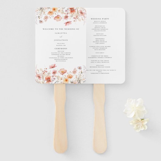 Pfirsich-Blumen-Wildblumen-Hochzeitsprogramm-Handf Fächer (Vorne und Hinten)