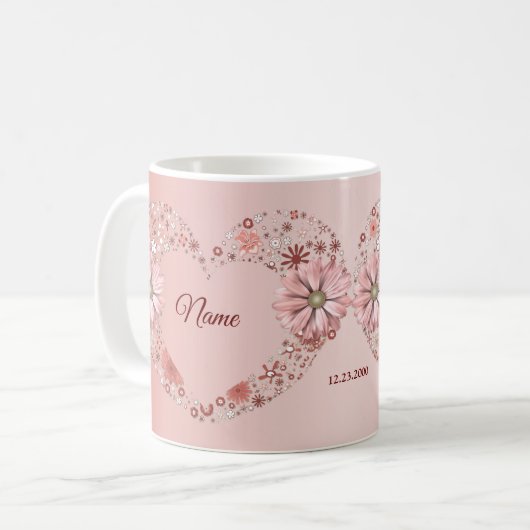 Pfirsich-Blumenherz-Moderne Hochzeitsgeschenk Kaffeetasse (Vorderseite Links)