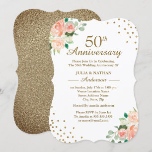 Pfirsich Blumenkonfetti 50. Hochzeitstag Einladung