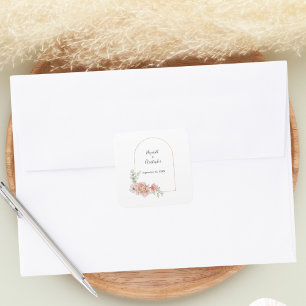 Pfirsich-Blüten-Trendbogen-Grün-Moderne-Hochzeit Quadratischer Aufkleber