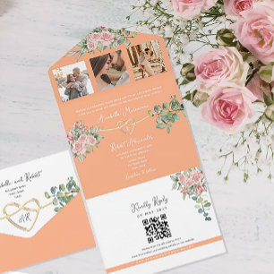 Pfirsich-Blüten-Vintage-Rosen-Hochzeit All In One Einladung