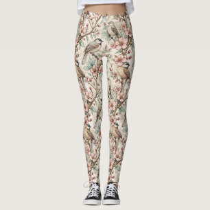 Pfirsich Botanischer Singvogel Schwarze Tinte Blum Leggings
