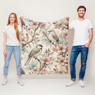 Pfirsich Botanischer Singvogel Schwarzes Tinten-Bl Fleecedecke