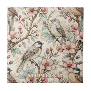 Pfirsich Botanischer Singvogel Schwarzes Tinten-Bl Fliese