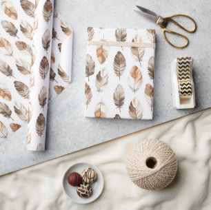 Pfirsich Braune Creme Federn Geburtstag Geschenkpapier