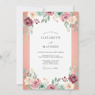 Pfirsich-Burgunder-Wildblumen-Hochzeit Einladung