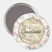 Pfirsich Creme Florales Gold Monogramm Magnet (Vorderseite/Rückseite)