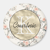 Pfirsich Creme Florales Gold Monogramm Magnet (Vorne)