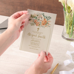 Pfirsich-Creme-Wasserfarben-Blumen-Gold-Kreuz-Tauf Pergament Einladungen